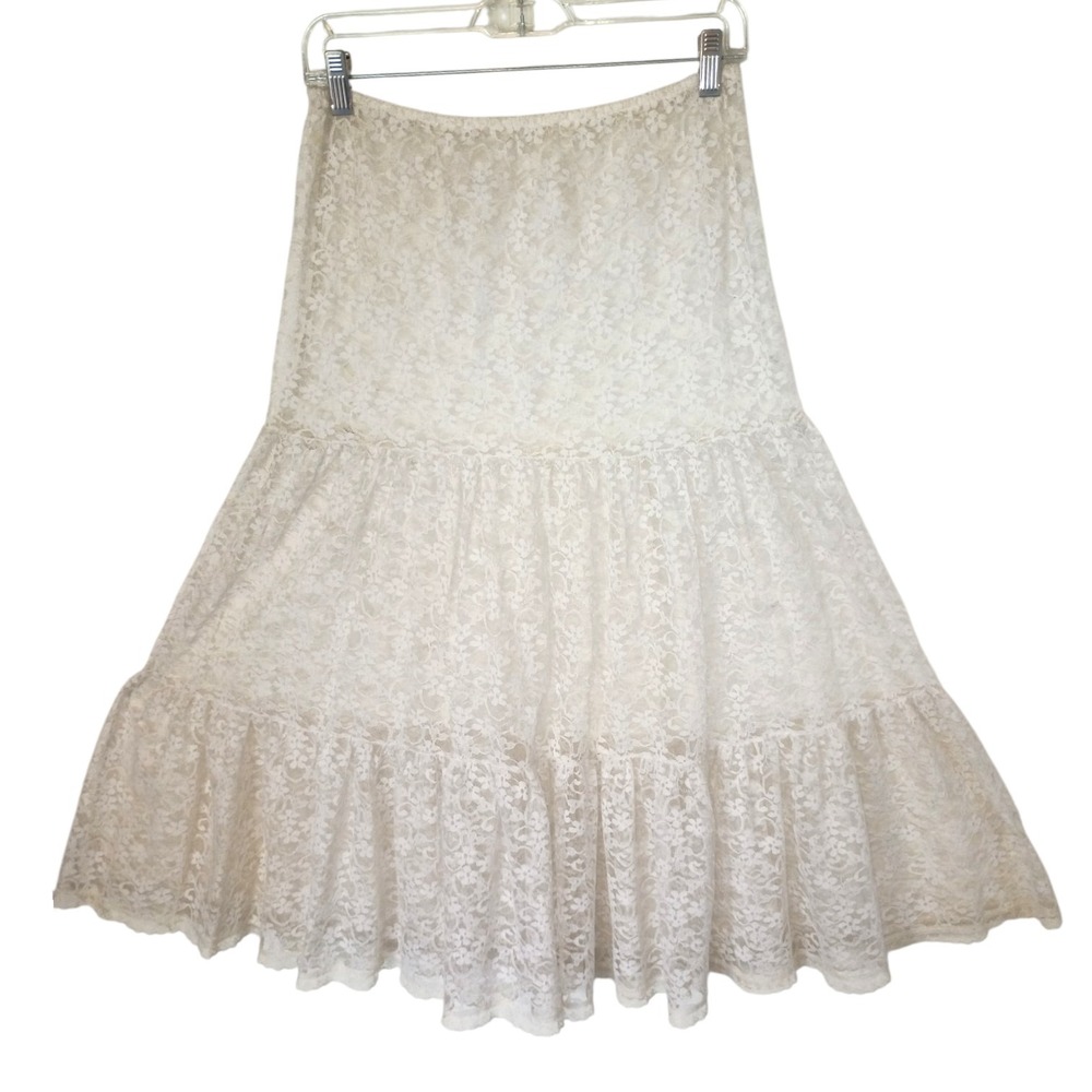 Vintage Ivory Floral Lace Tiered Midi Skirt Scalloped Hem Cream‎ Boho S